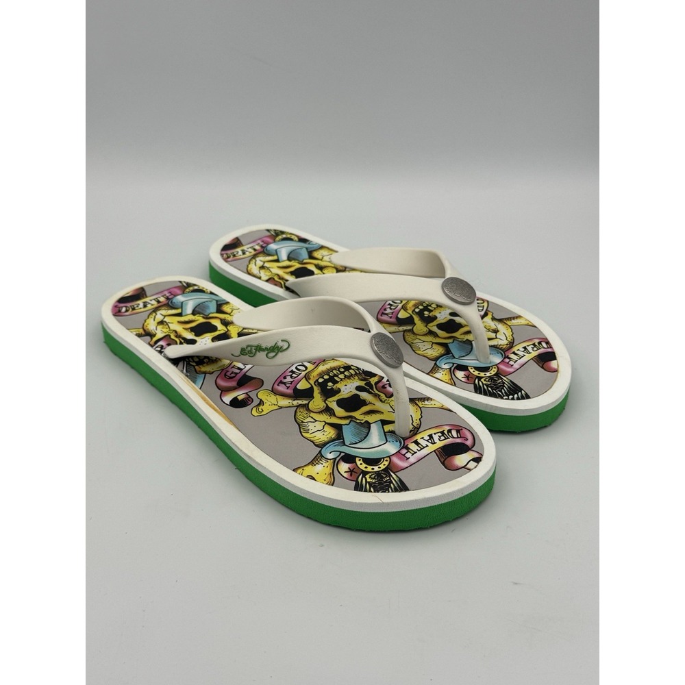 Ed Hardy White Green Multi-Color Graphic Flip Flop Sandals